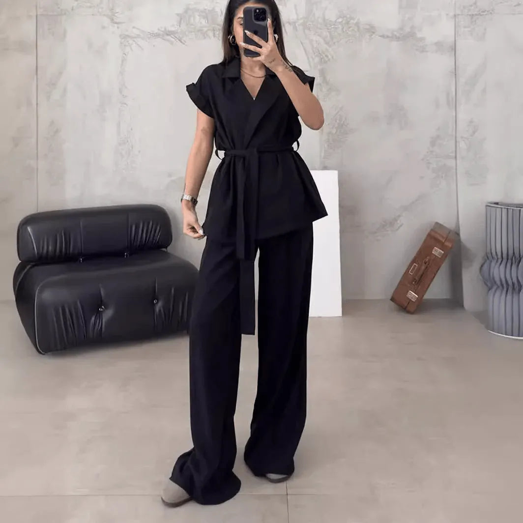 Women's Sleeveless Lapel Top High Waisted Pants 2-Piece Set