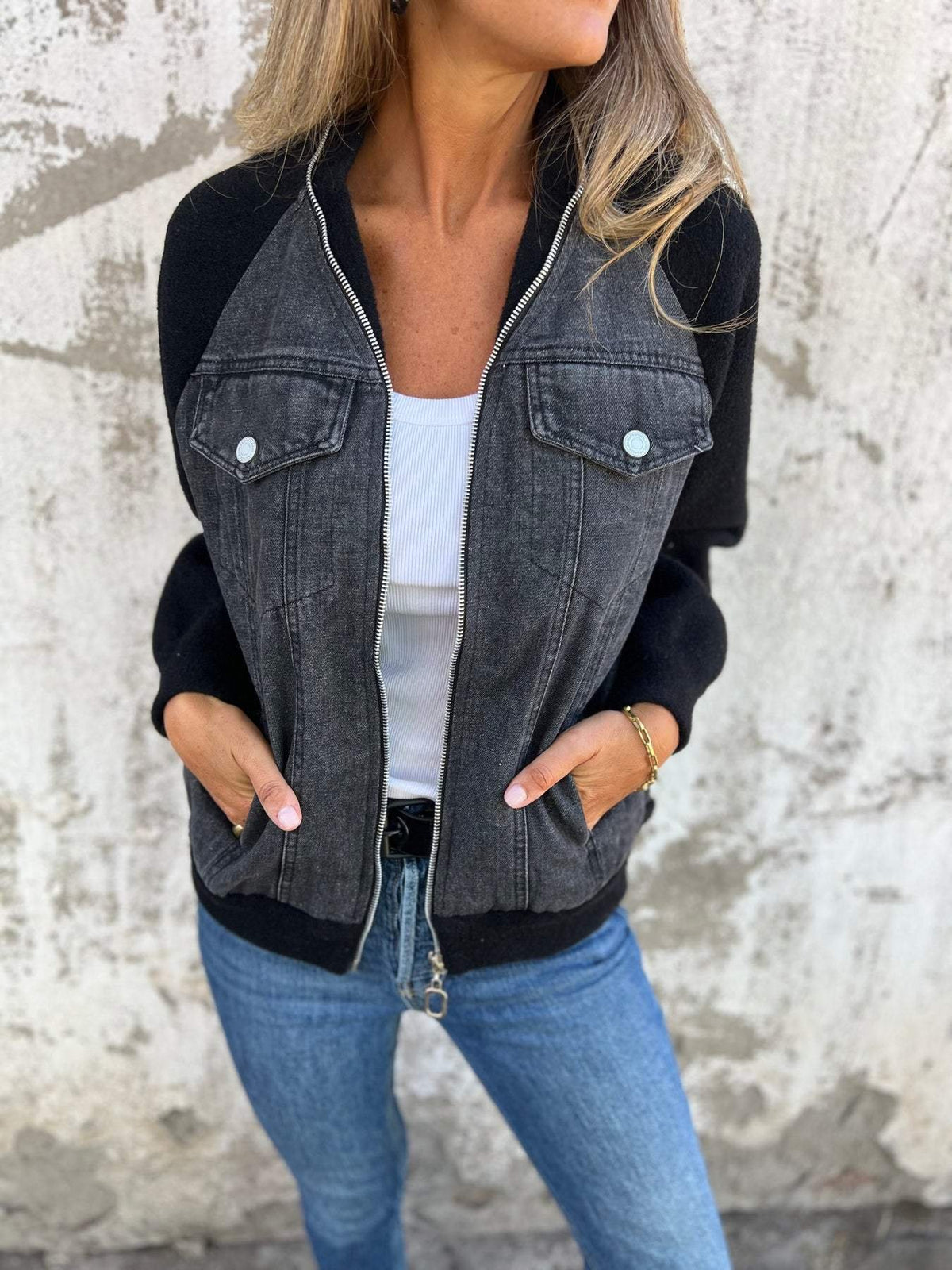 Patchwork Raglan Sleeves Denim Zipper Jacket (Buy 2 Free Shipping)
