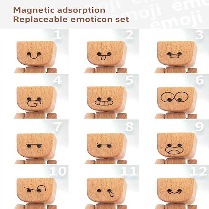 Charming Little Wooden Figure That Sways with 12PCS Magnetic Expressions