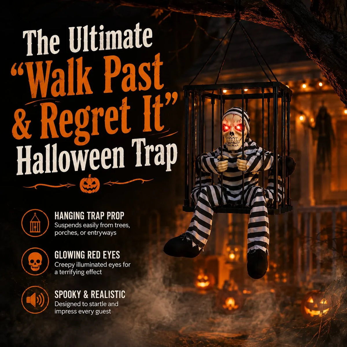 🎉 💀 Motion Activated Prisoner Skeleton Halloween Prop – Screaming Jump Scare Decoration With Flashing Red Eyes