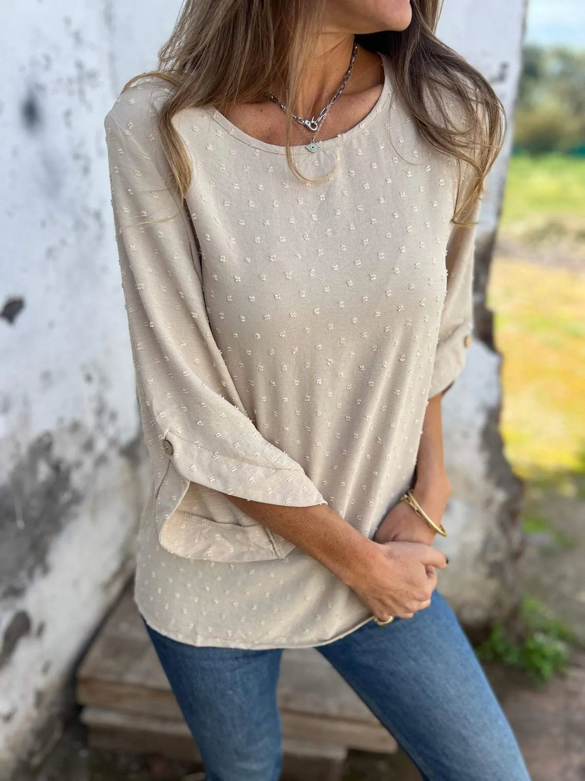 🔥Round Neck Chiffon Jacquard Casual Top