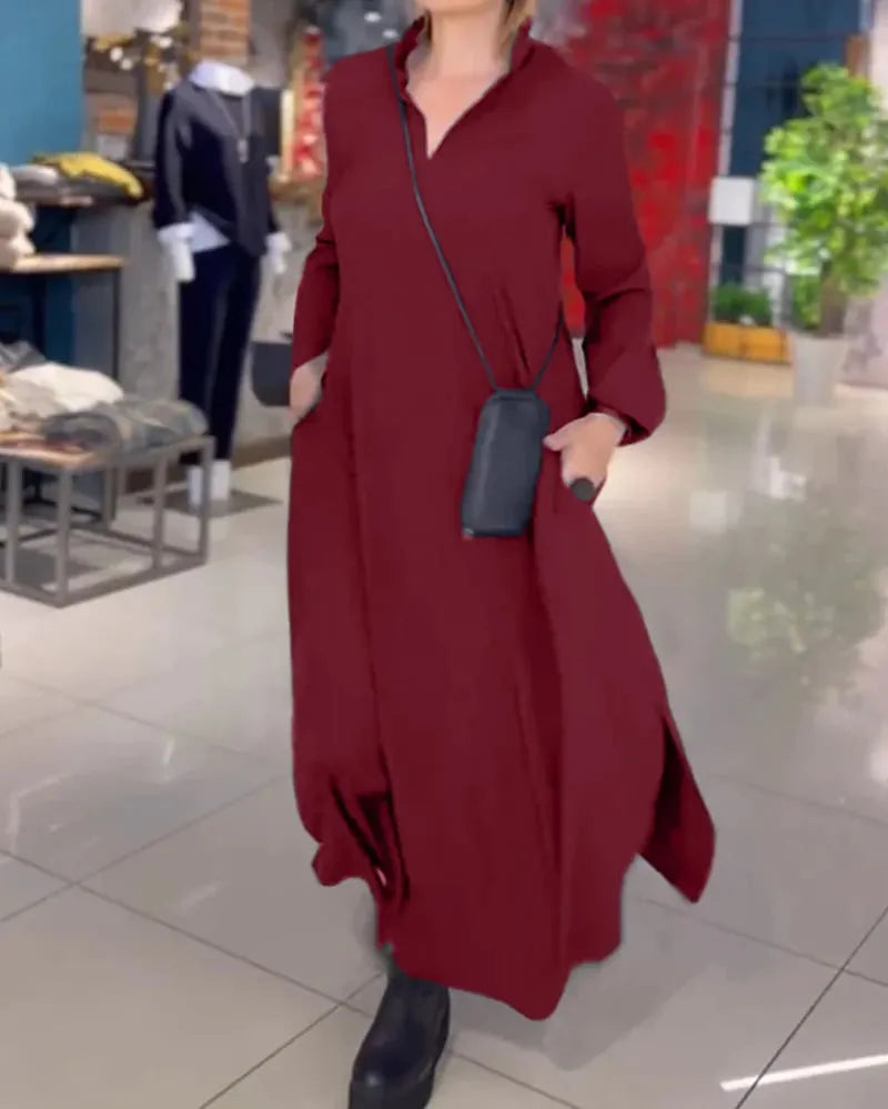 Casual Solid Color V-Neck Long Sleeve Dress (Buy 2 Free Shipping)