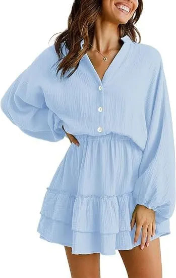 Chic Tiered Ruffle Mini Dress with V-Neck & Balloon Sleeves  🍂👗