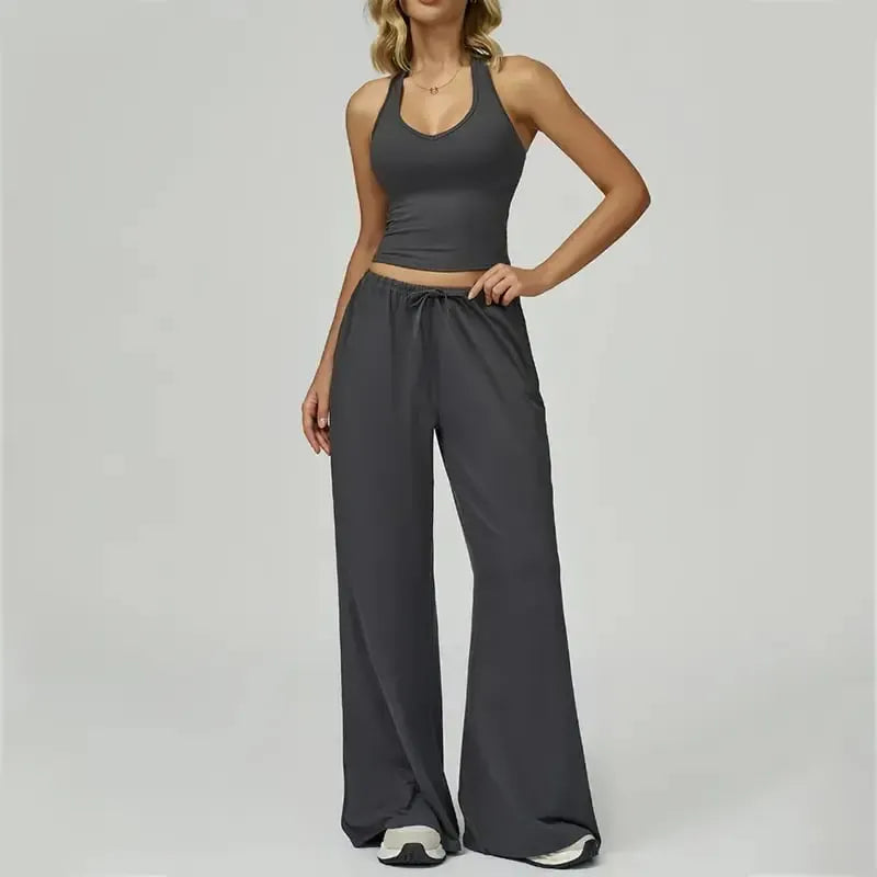 Women’s 2-Piece Silk-Like Lounge Set – V-Neck Strappy Top & Wide Leg Pants