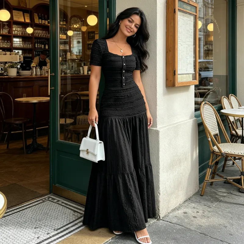 👗 LIMITED-TIME 49% OFF! ✨ Women's Square Neck Dress Set – Crinkled Fabric, Tiered Skirt, Elegant 🍷
