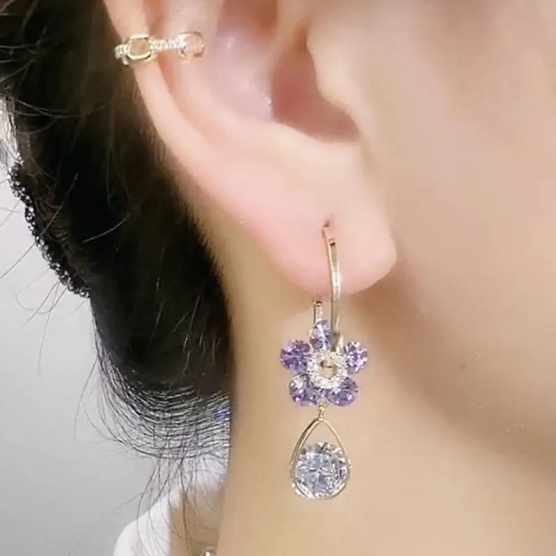 New Purple Crystal Flower Drop Earrings