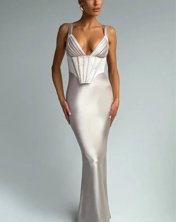V-Neck Fishbone Satin Slip MAXI Dress