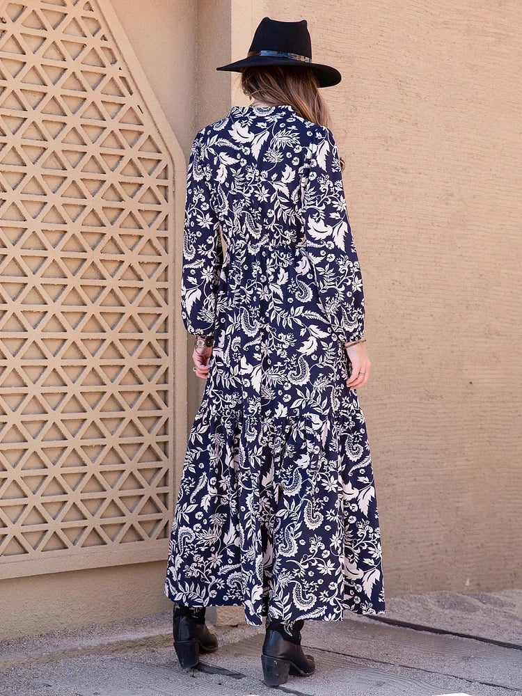Floral Embroidered Notched Neck Maxi Dress
