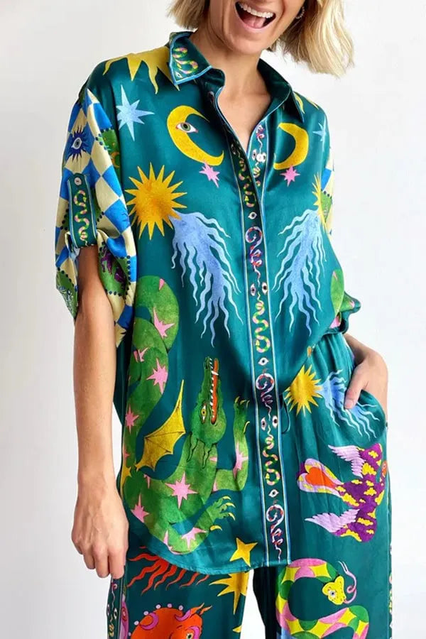 Beachy Chic Unique Print Button Down Oversized Two-Piece Set