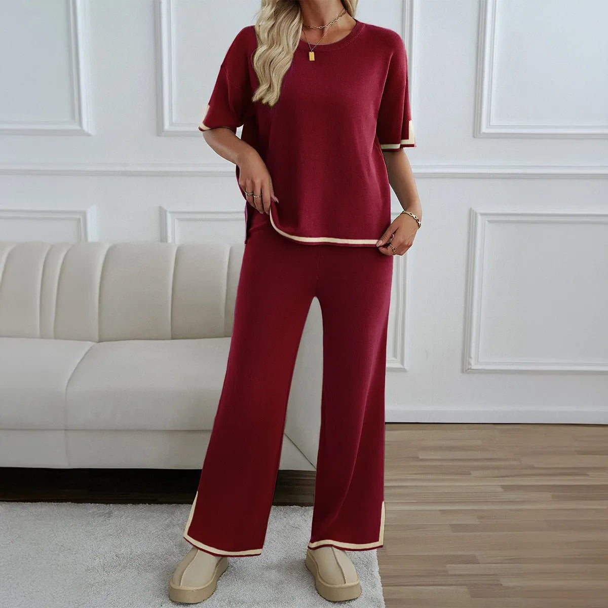 Chic Short Sleeve Knitted Pants Set