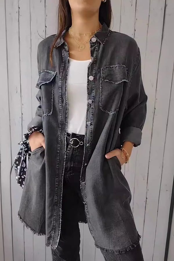Fashionable and Versatile Long-sleeved Lapel Denim Jacket