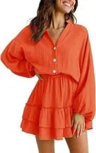 Chic Tiered Ruffle Mini Dress with V-Neck & Balloon Sleeves  🍂👗