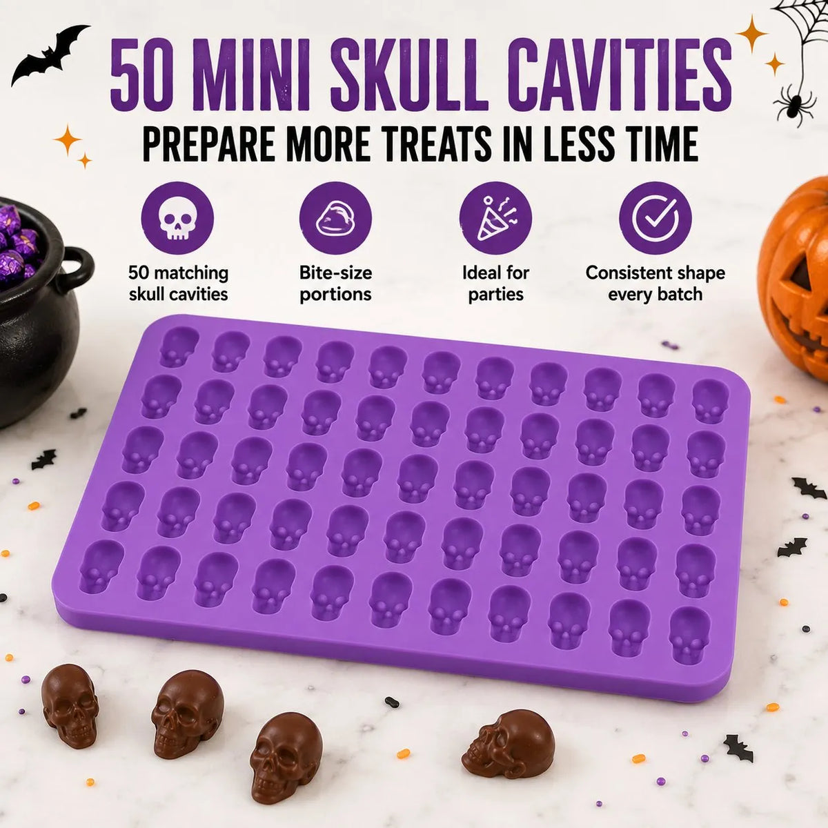 🎉⏳ 49% OFF – 💀 Reusable 50-Cavity Mini Skull Silicone Candy Mold | Flexible Easy-Release Design for Chocolate, Candy Melts, Filled Treats & Halloween Desserts 🎃✨