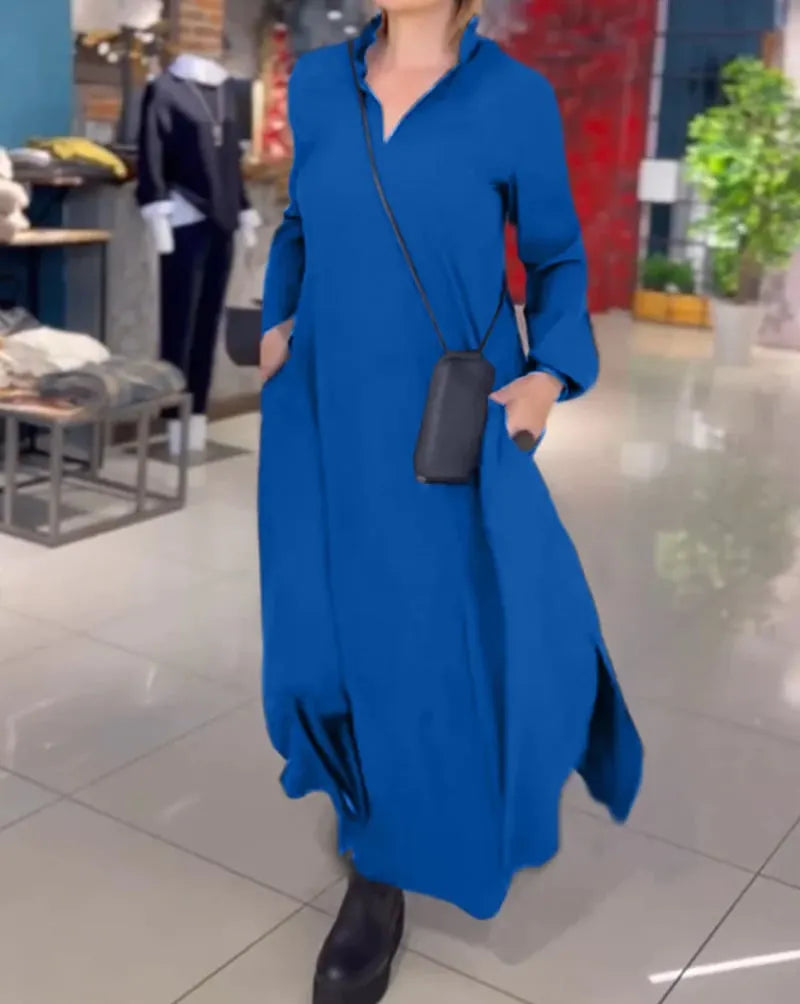 Casual Solid Color V-Neck Long Sleeve Dress (Buy 2 Free Shipping)