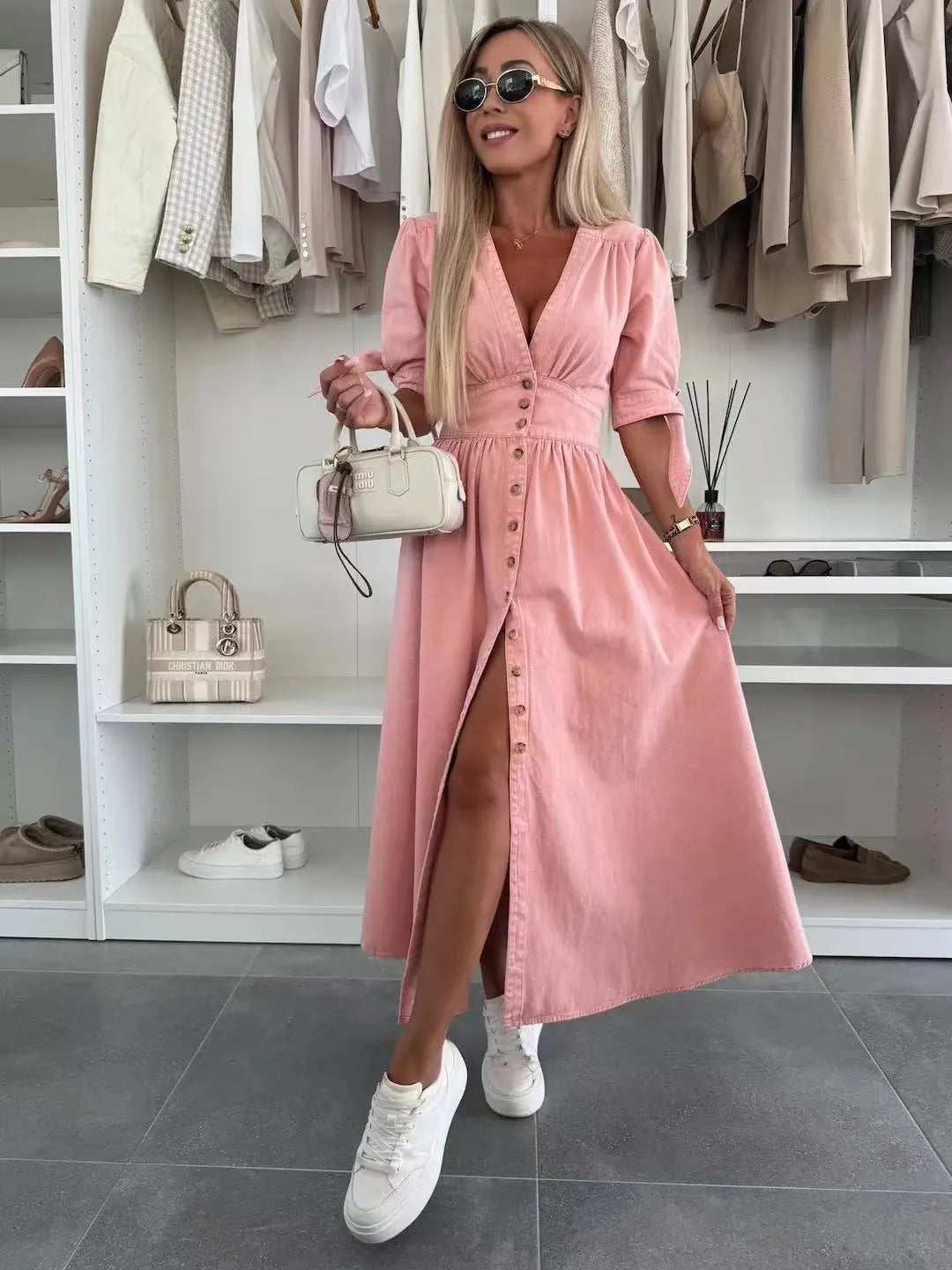 Women's V-Neck Button Down Denim Dress