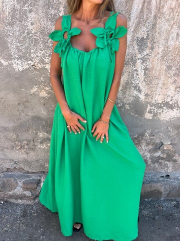 💕 Solid color dress for women with floral strap and U-neckline