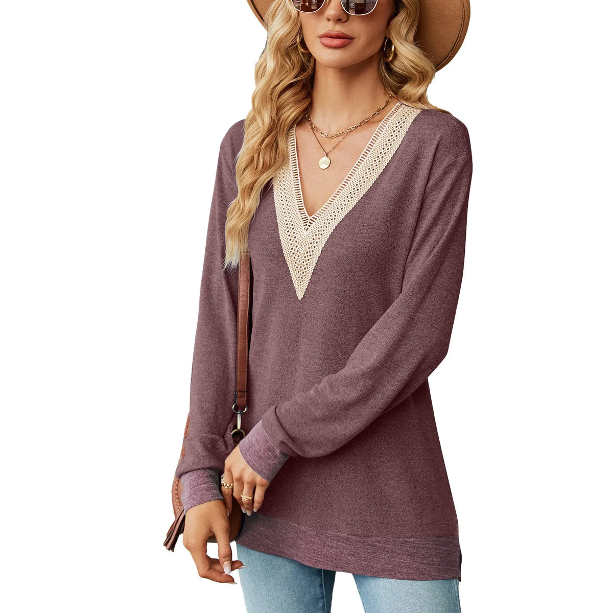 Womens Fall Fashion Long Sleeve Lace V Neck Loose Shirts