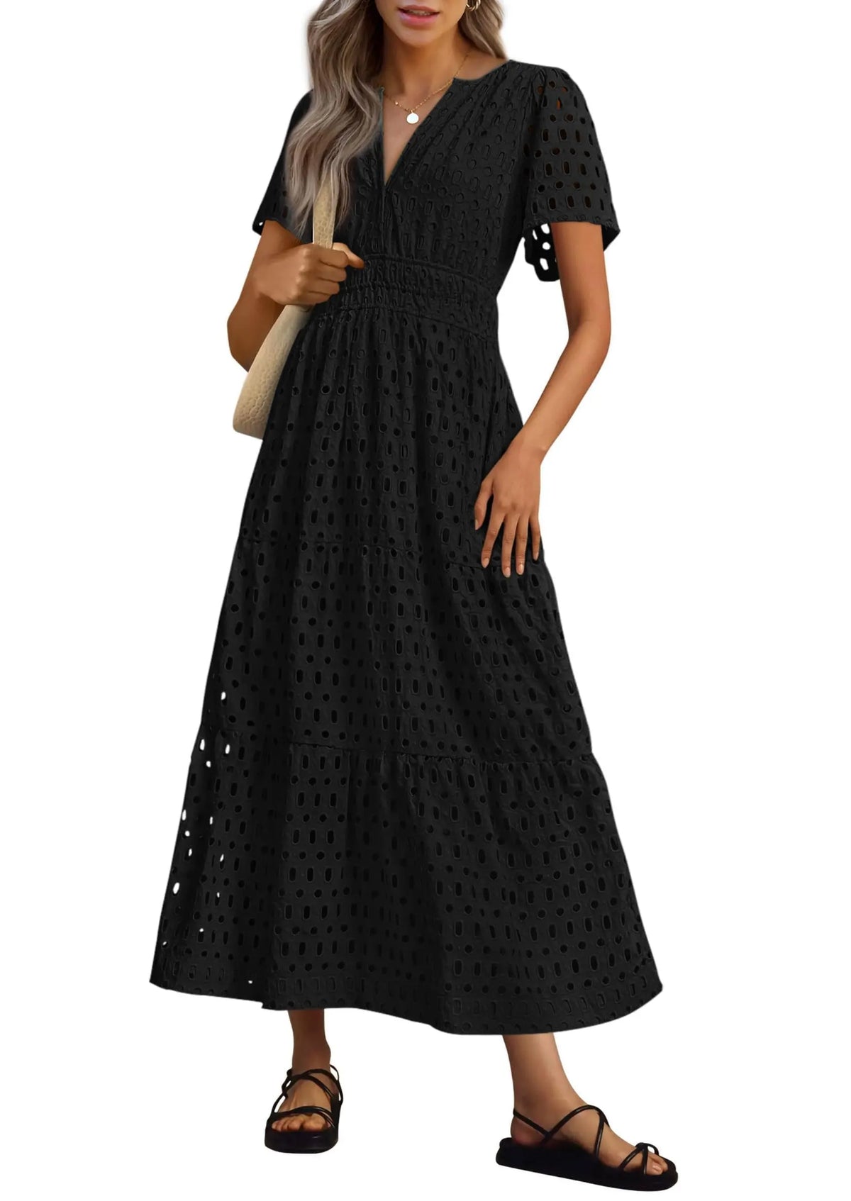 Womens Summer V Neck Maxi Dress Short Sleeve Hollow Out Flowy Beach Dress
