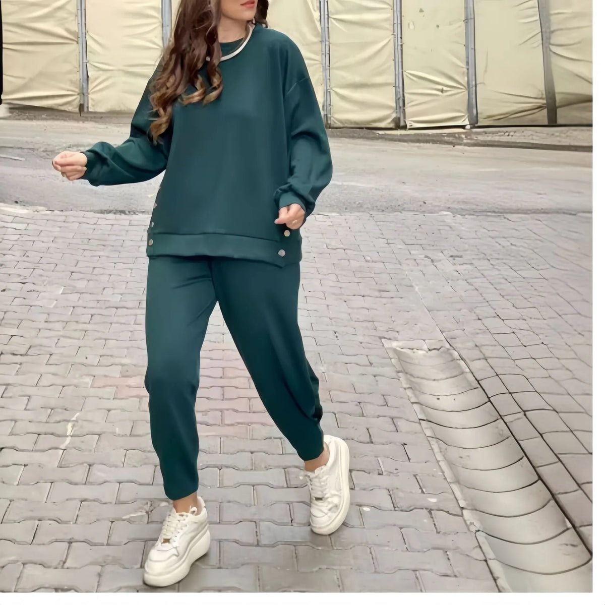 Metal Button Split Long Sleeve Top and Sporty Tapered Pants