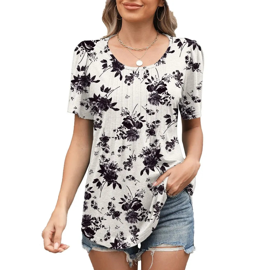 Summer Loose Pleated Round Neck Short Sleeve T-Shirt