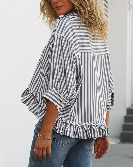 Summer Top🌞 Ruffled Hem 3/4 Sleeve Button-Down Striped Shirt