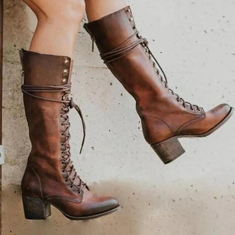 Women Round Toe Chunky Platform Medium Heel Long Lace Up Boots