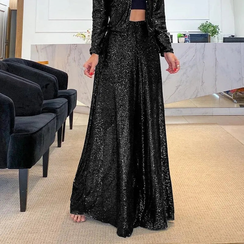 Sparkling Sequin Wide-Leg Trousers