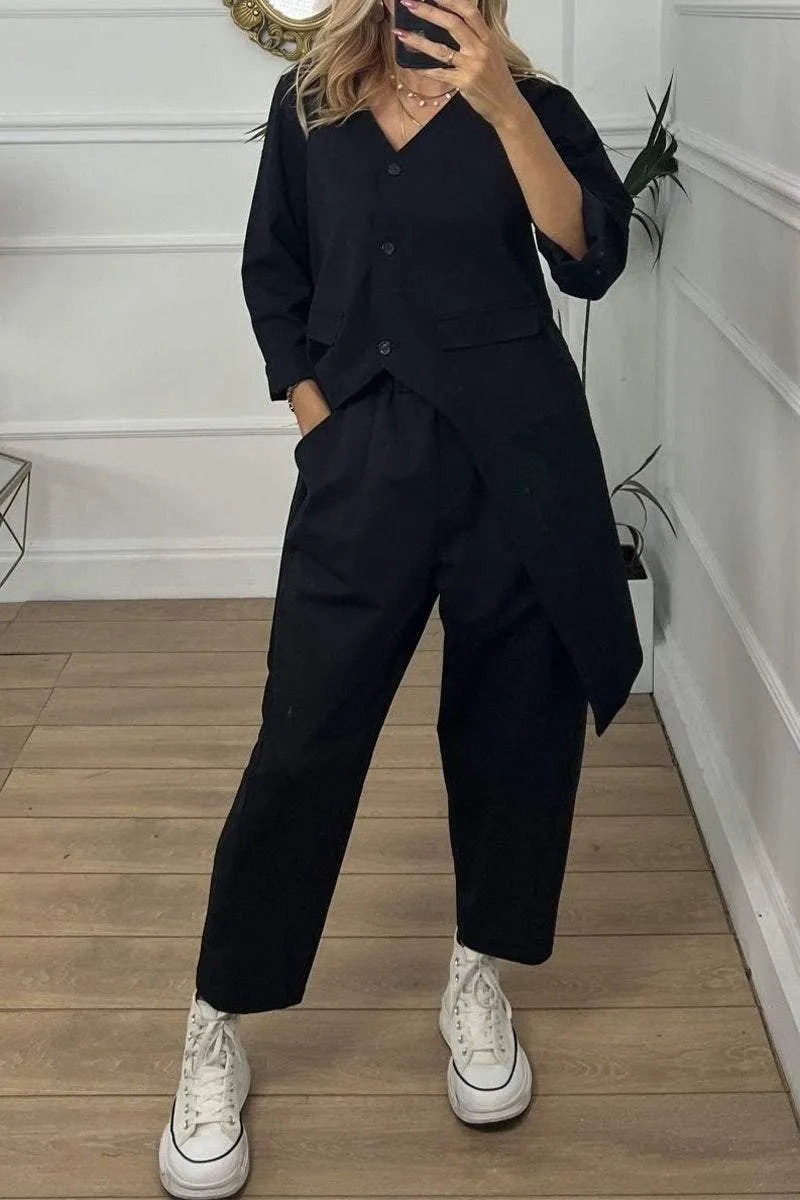 Casual V-neck Irregular Top & Pants Two-piece Set