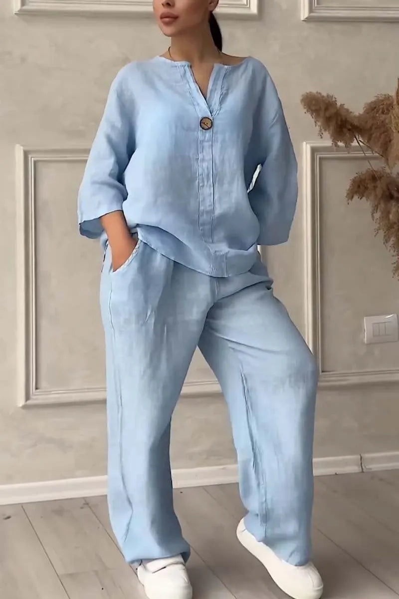 Casual button Decorated Cotton and Linen Two-Piece Set
