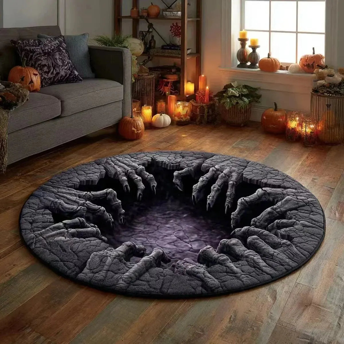 🎉🎃3D Skeleton Vortex Quilted Round Halloween Rug | Spooky Quilted Circular Halloween Floor Decor Mat