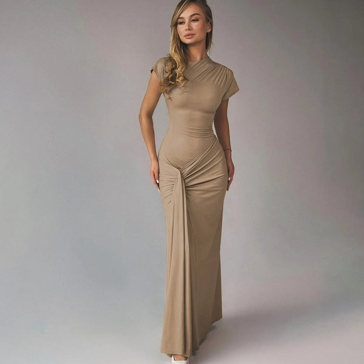 Slim-Fit Pleated Tie Waist Short Sleeve Dress