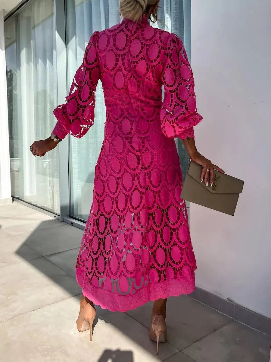 Romantic, Sensual and Elegant Crochet Lace Lantern Sleeve Party Midi Dress
