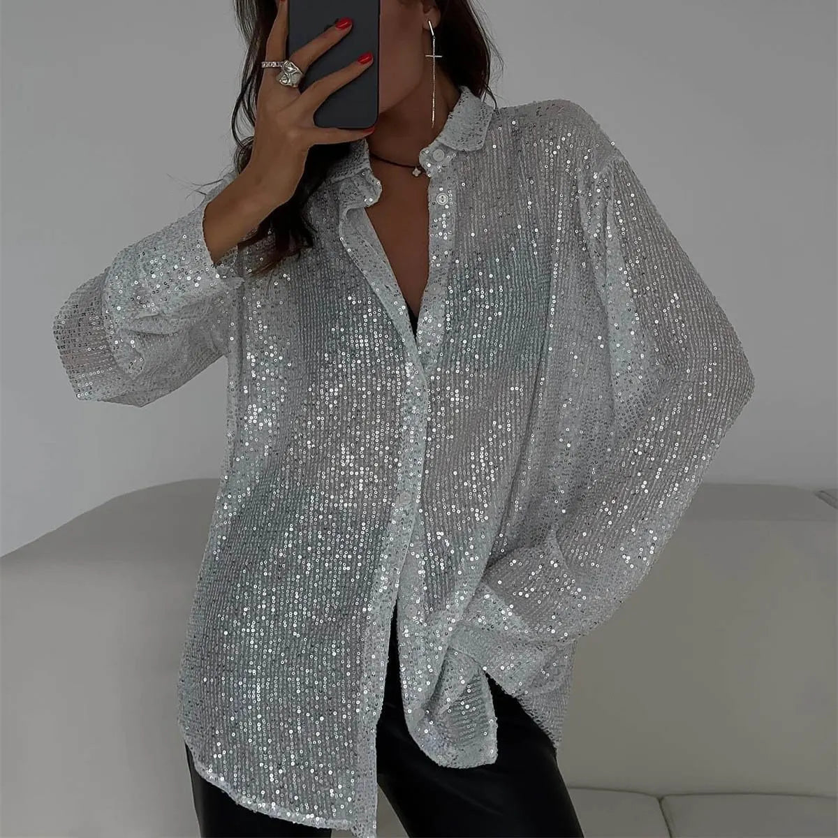 Sequins Long Sleeve Collared Shirt