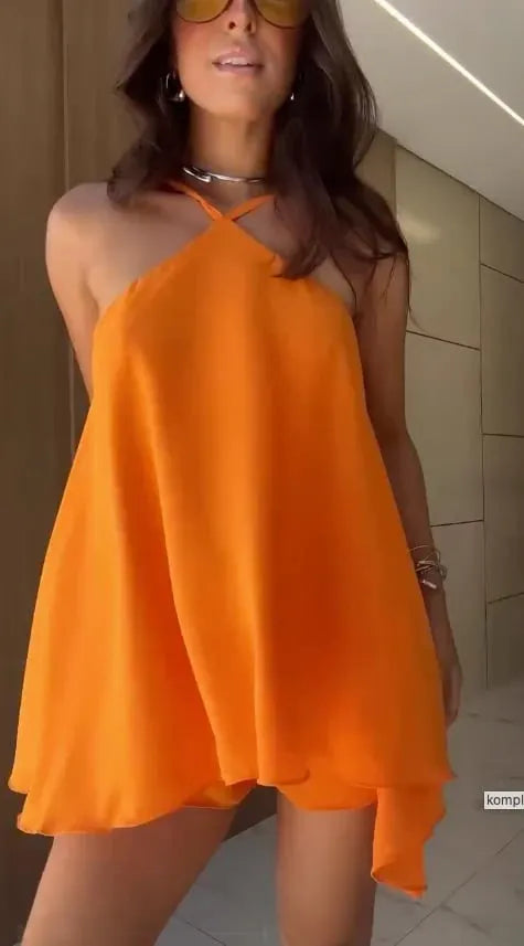 Alluring Halter Backless Mini Dress & Shorts Set