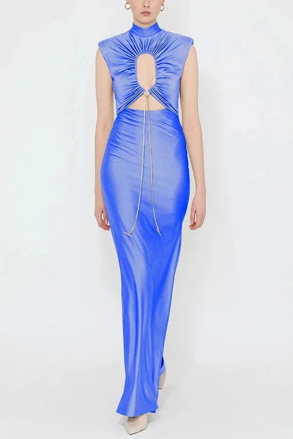 Genis Hollow Elastic Bust High Neck Sleeveless Gathered Maxi Dress