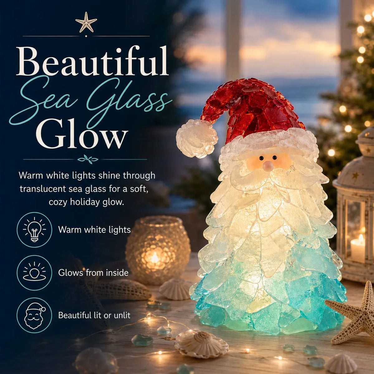 🎉🎅 Beginner-Friendly DIY Lighted Sea Glass Santa Christmas Decor Kit | Complete Kit with Sea Glass Pieces, Warm Fairy Lights & Step-by-Step Guide Included 💕