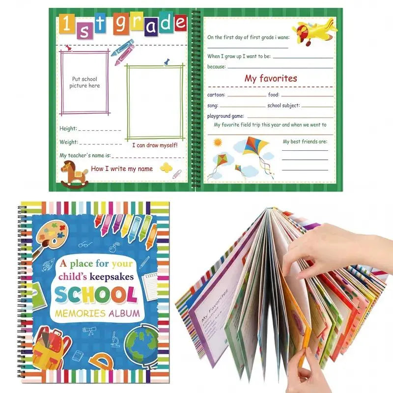 🔥HOT SALE🔥🏫School Memory Book & Keepsake Scrapbook (Preschool to 12th Grade) - 10"x12.24" Photo Album Portfolio with 14 Storage Pockets for Artworks, Report Cards & Certificates - Back to School & Graduation Gift for Kids