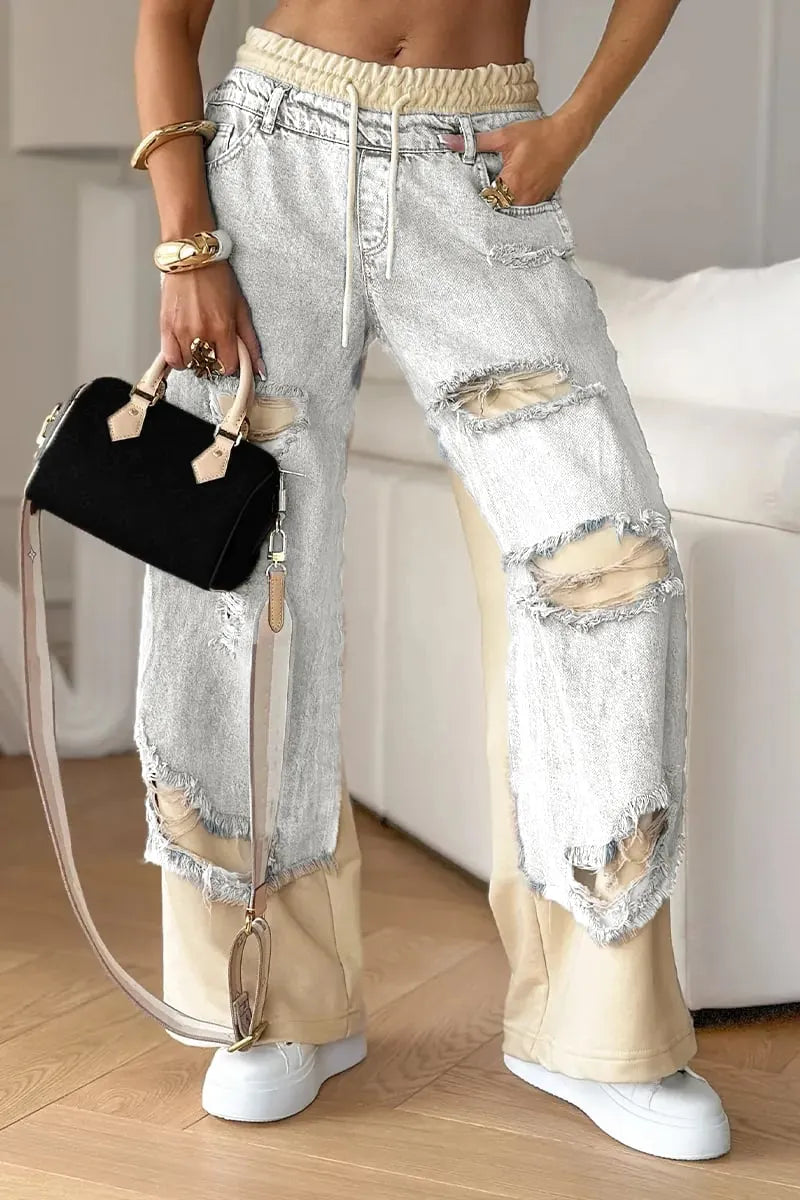 Women's Denim Trousers with Stitching and Ripped Design🌞👖