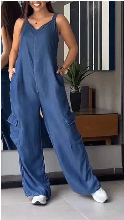 Thin Denim Cargo Pocket V-neck Jumpsuit (Buy 2 Free Shipping)