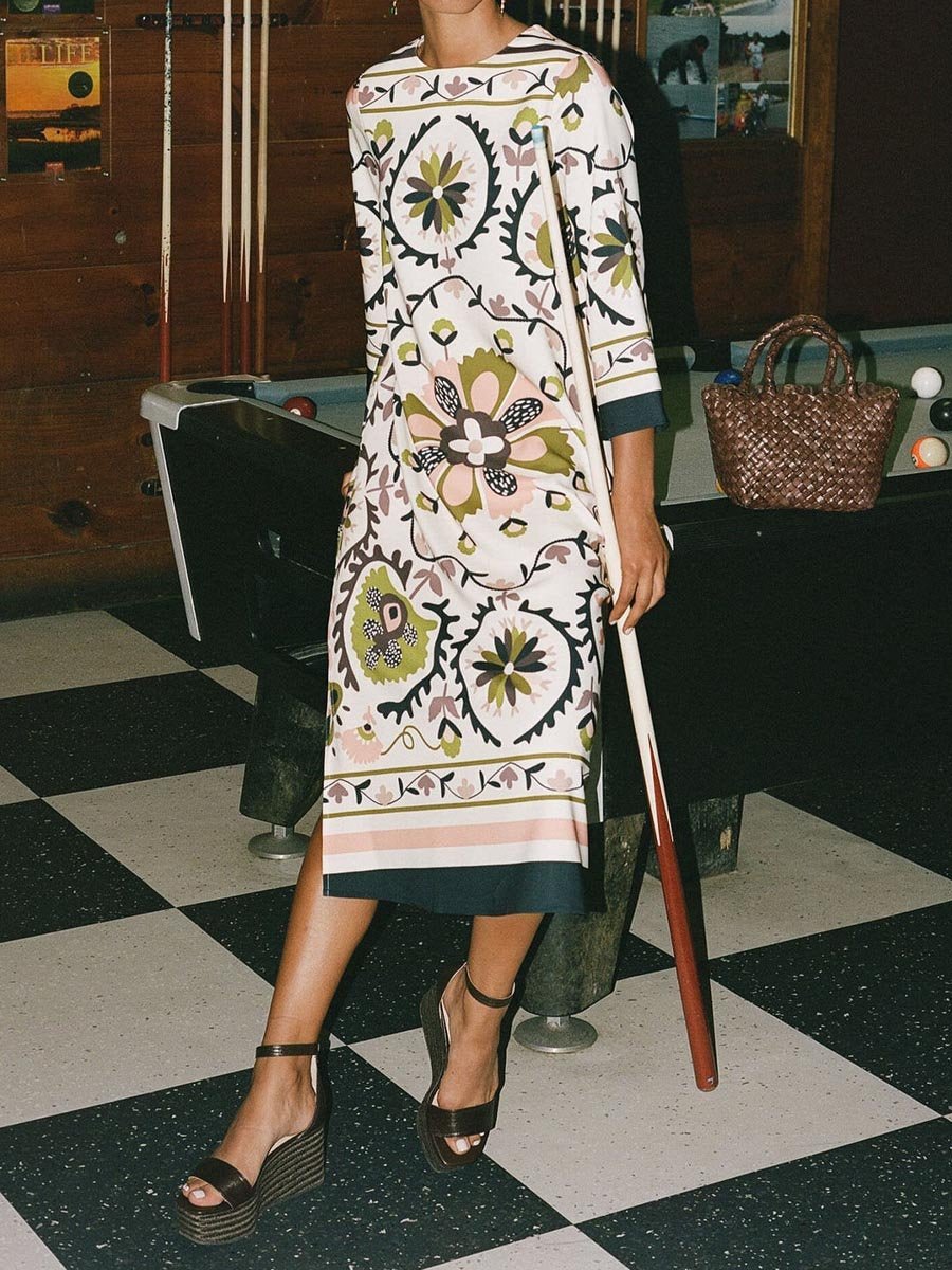 Women's Roung Neck Printed Slit Hem Dress