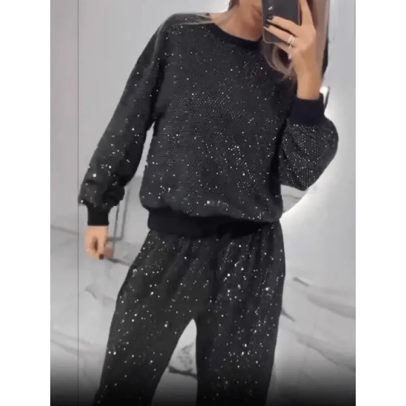 Sequined Loose Fit Top and Wide Leg Pants (2-Piece Set)