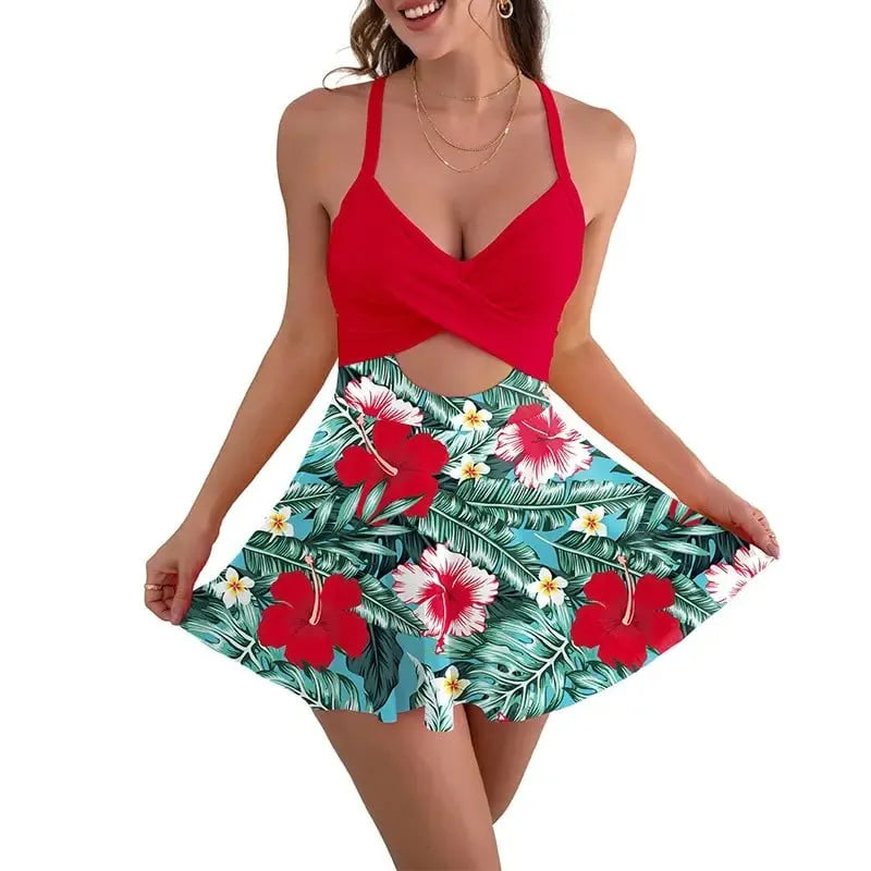⚡Hot Sales 57% OFF🔥👙Women’s V Neck One Piece Swimdress – Tummy Control Cutout High Waist Bathing Suit