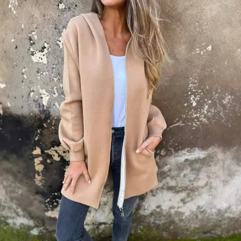 Zipper Hooded Long Sleeve Casual Coat