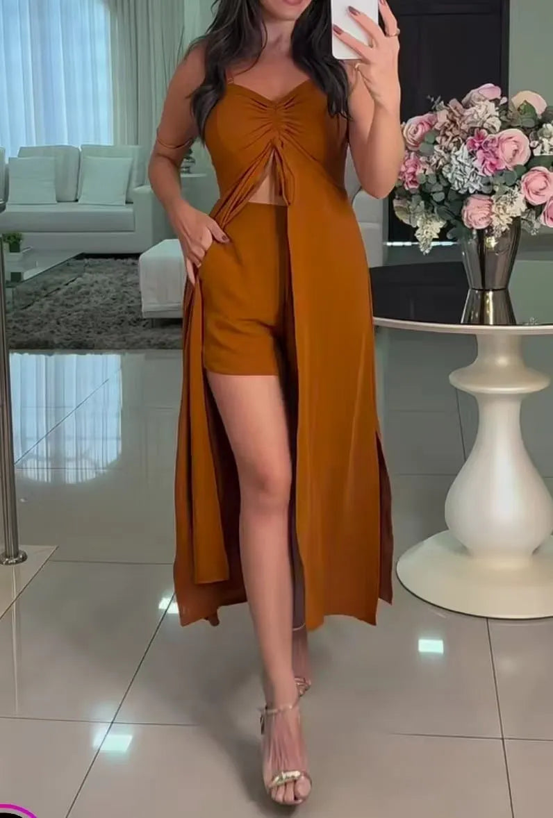 V-Neck Sleeveless Camisole with Slit Long Dress & Shorts 2-Piece Set
