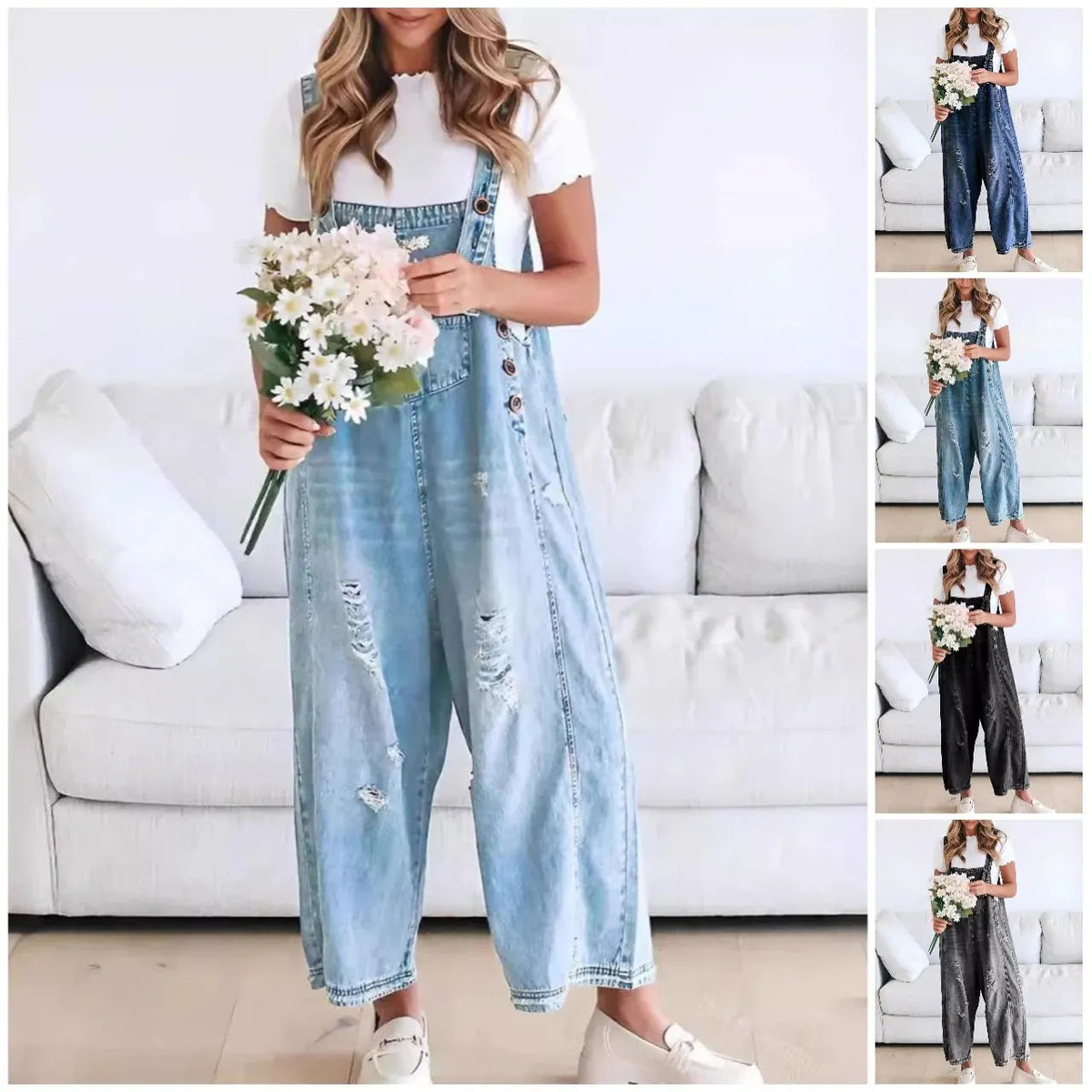💖LAST DAY SALE 49% OFF💖Women's Cute Casual Button Jumpsuit Ripped Denim Overalls