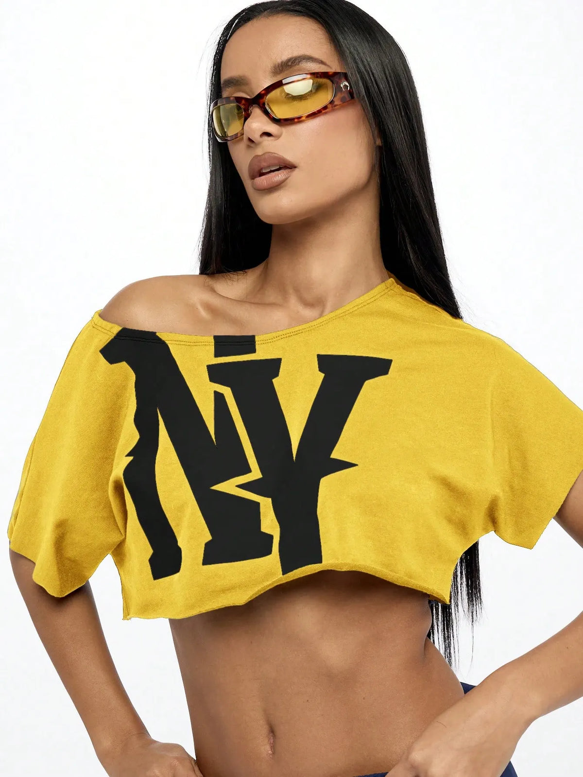WOMEN Off Shoulder NY Logo Slouchy Crop Tee Athletic Varsity Sports Fan Streetwear Workout Fashion Athleisure Cropped T-Shirt Summer Urban Style
