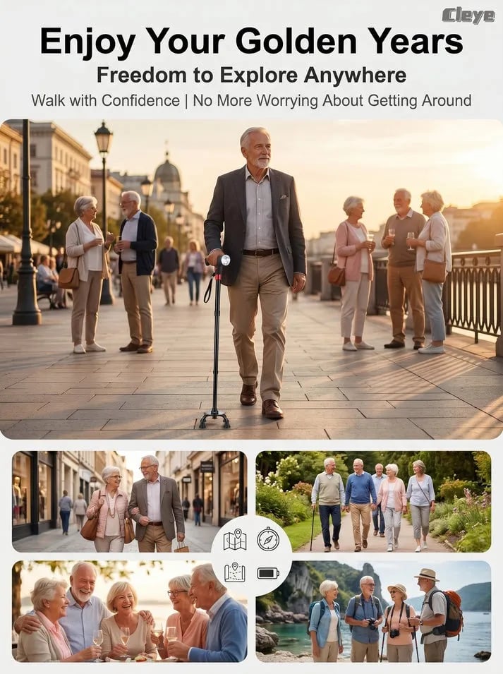 🎉🔥 Must-Have Senior Smart Cane – Foldable Aluminum with LED Light & Quad Anti-Slip Feet