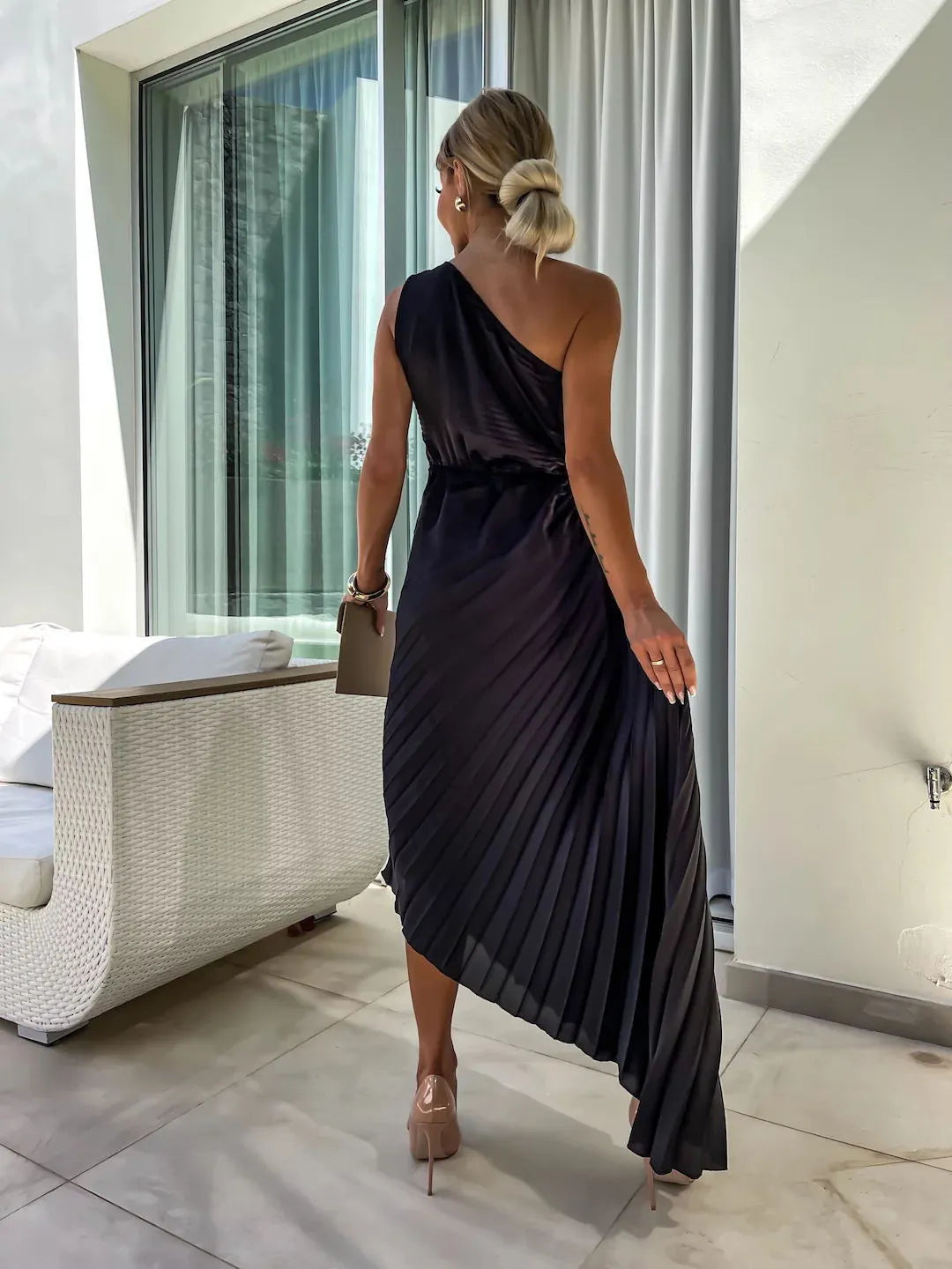 Romantic Nights Satin Raised Flower Elastic Cutout One Shoulder Pleated Maxi Dress