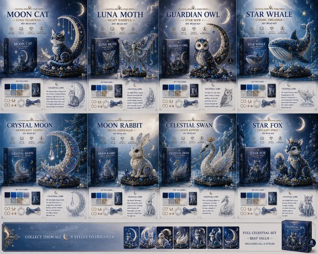 🎉🌙Moon Cat Luna Guardian DIY Bead Kit | Celestial Moon & Stars Series