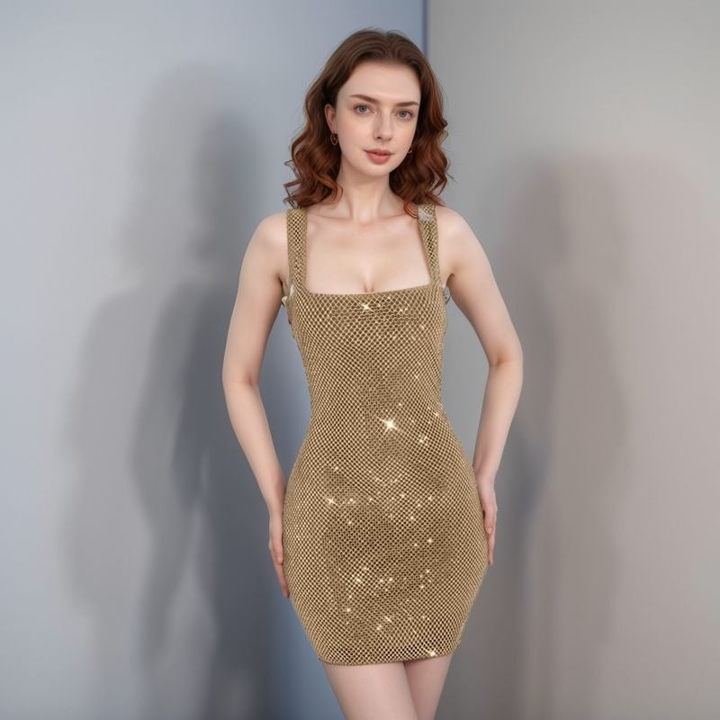 Sequined Square Neck Slim Fit Dress